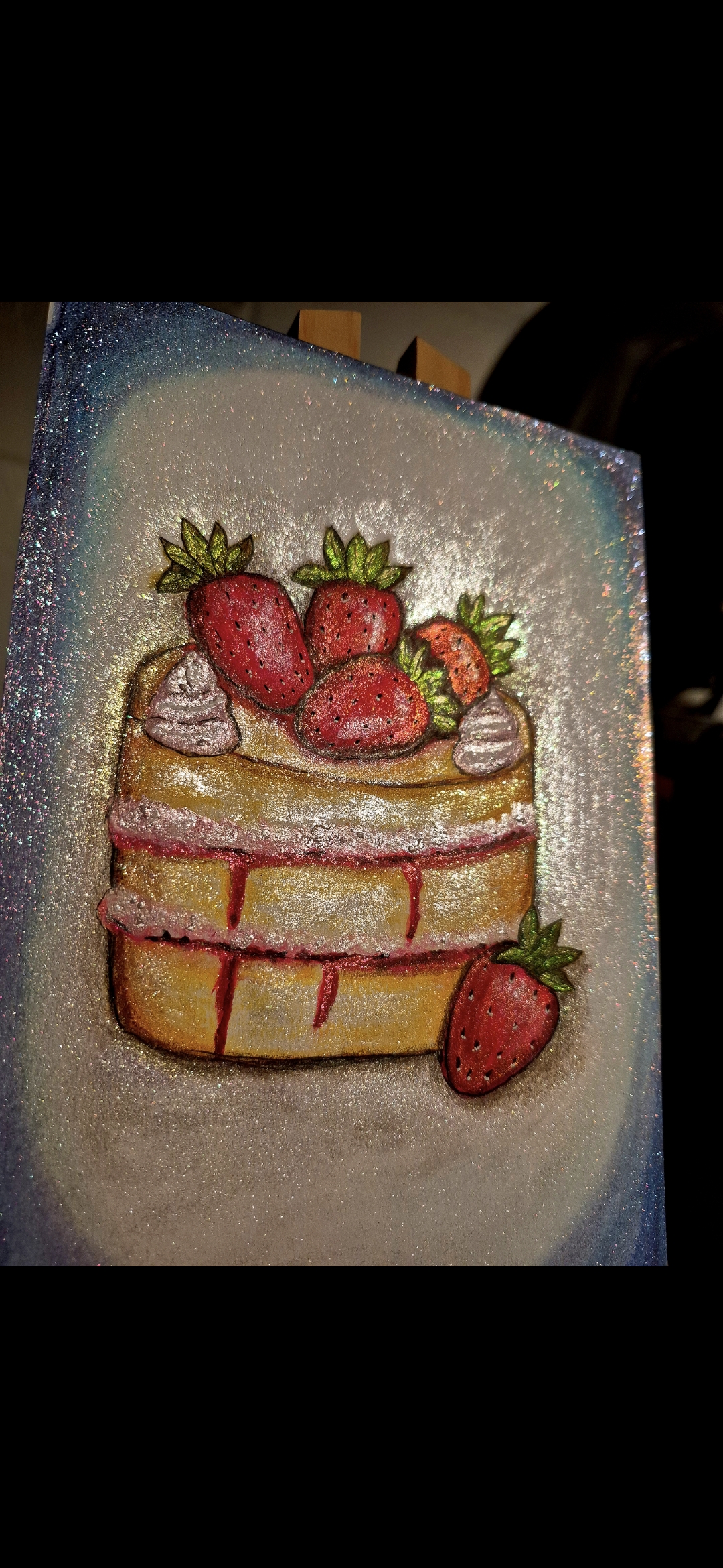 Strawberries and cream sponge cake glitter watercolor painting