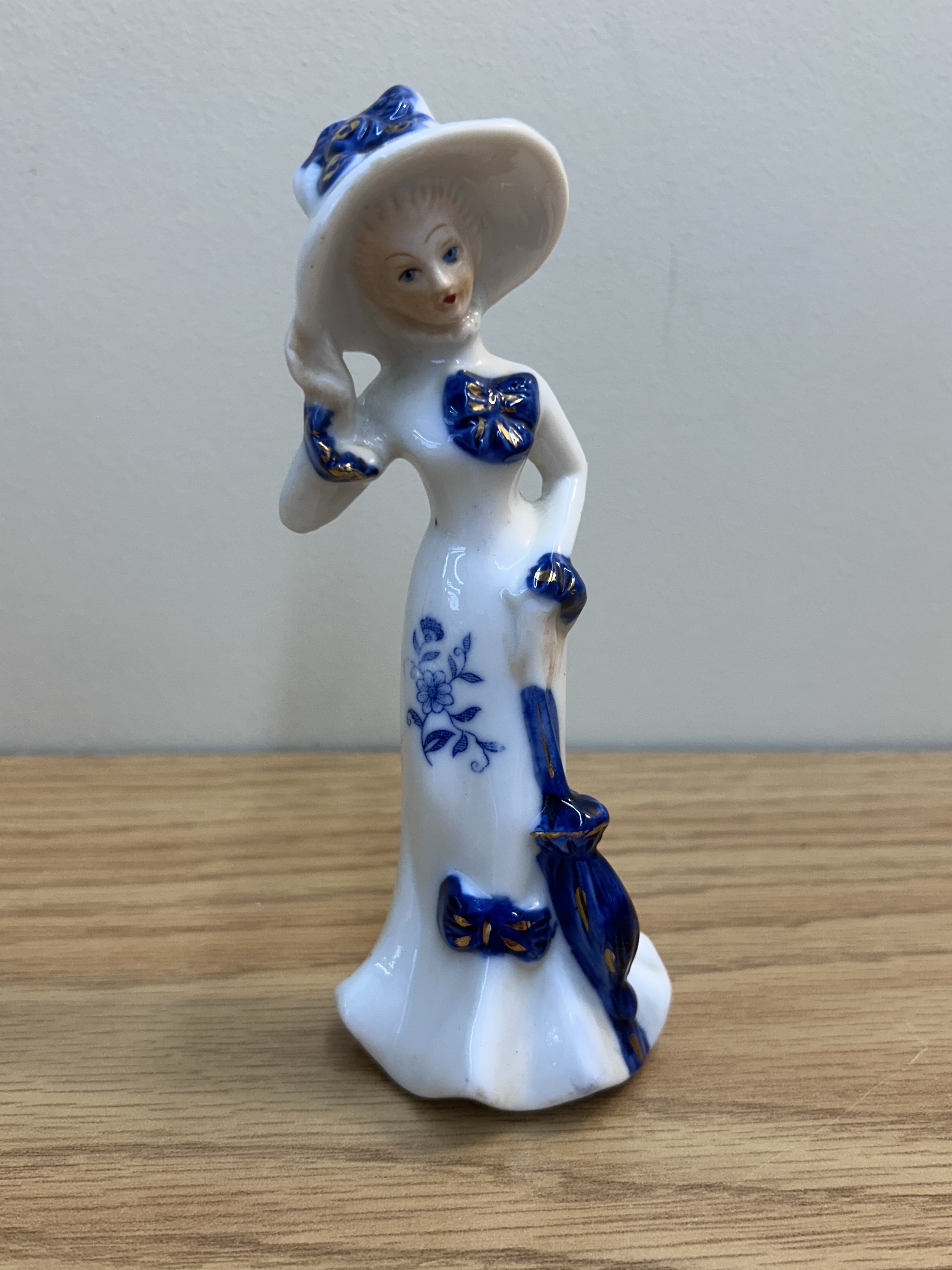 Victorian Blue Porcelain Woman with Umbrella