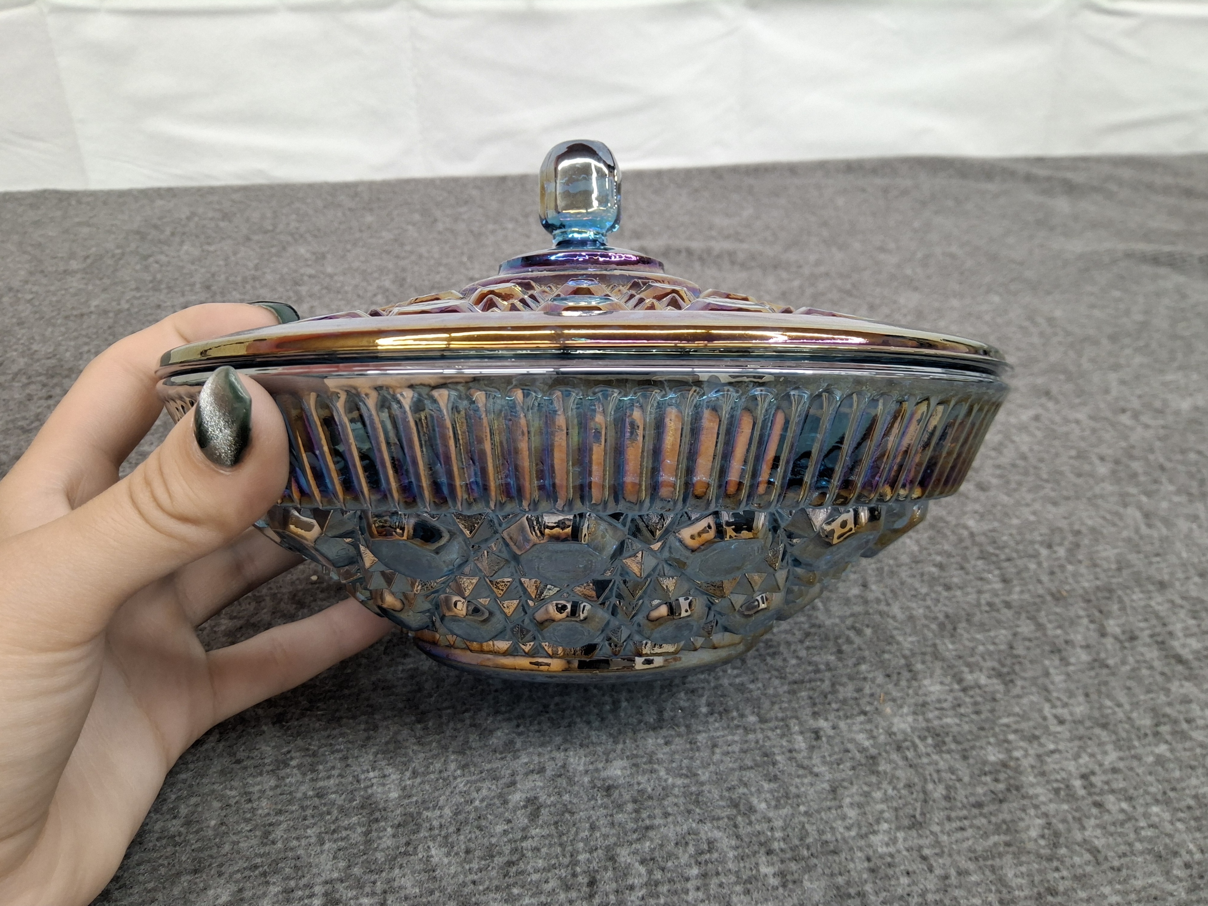 Iridescent Carnival Glass Lidded Candy Dish Bowl