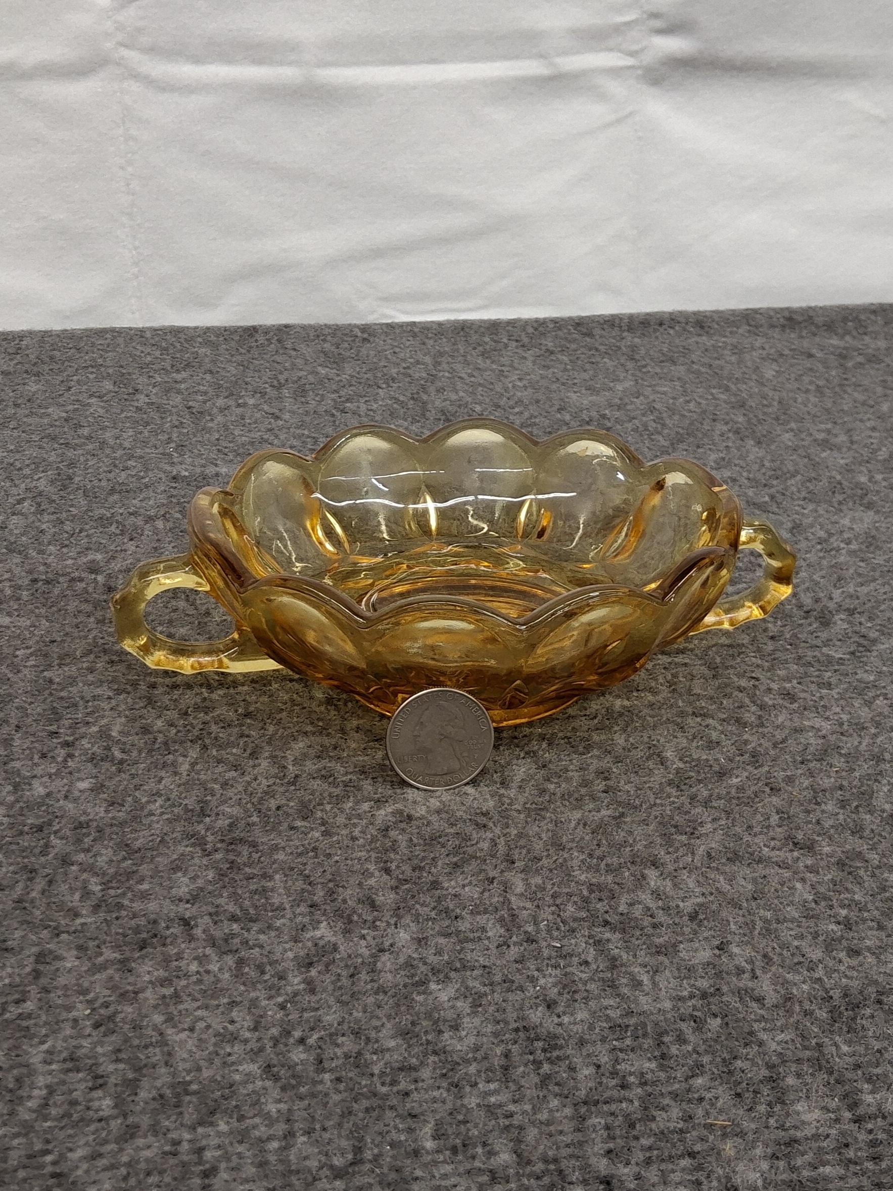 Amber Scalloped Depression Glass Candy Dish with Handles