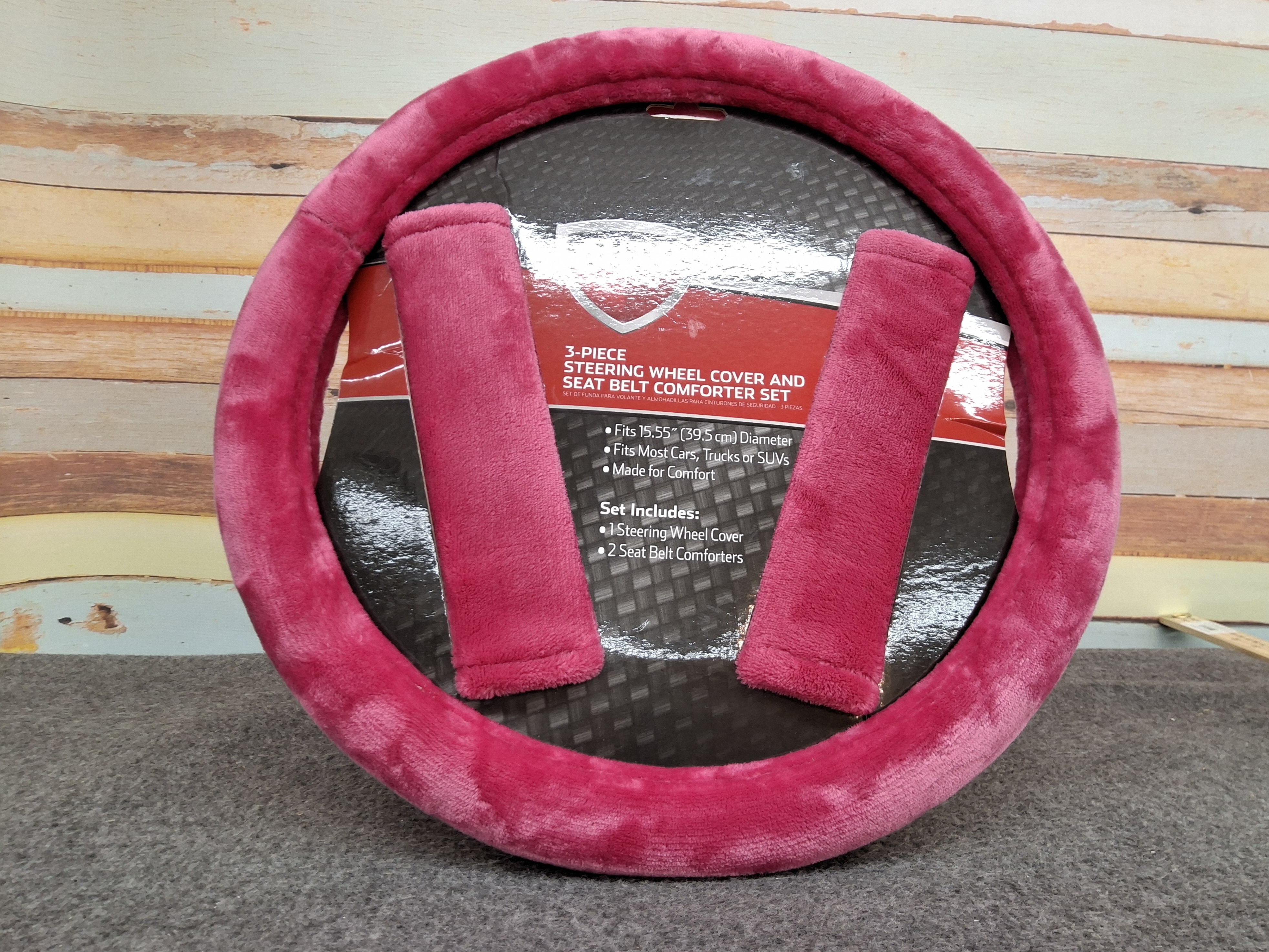 Auto Drive 3-Piece Pink Fuzzy Universal Fit Steering Wheel Cover and Seat Belt Pad Kit