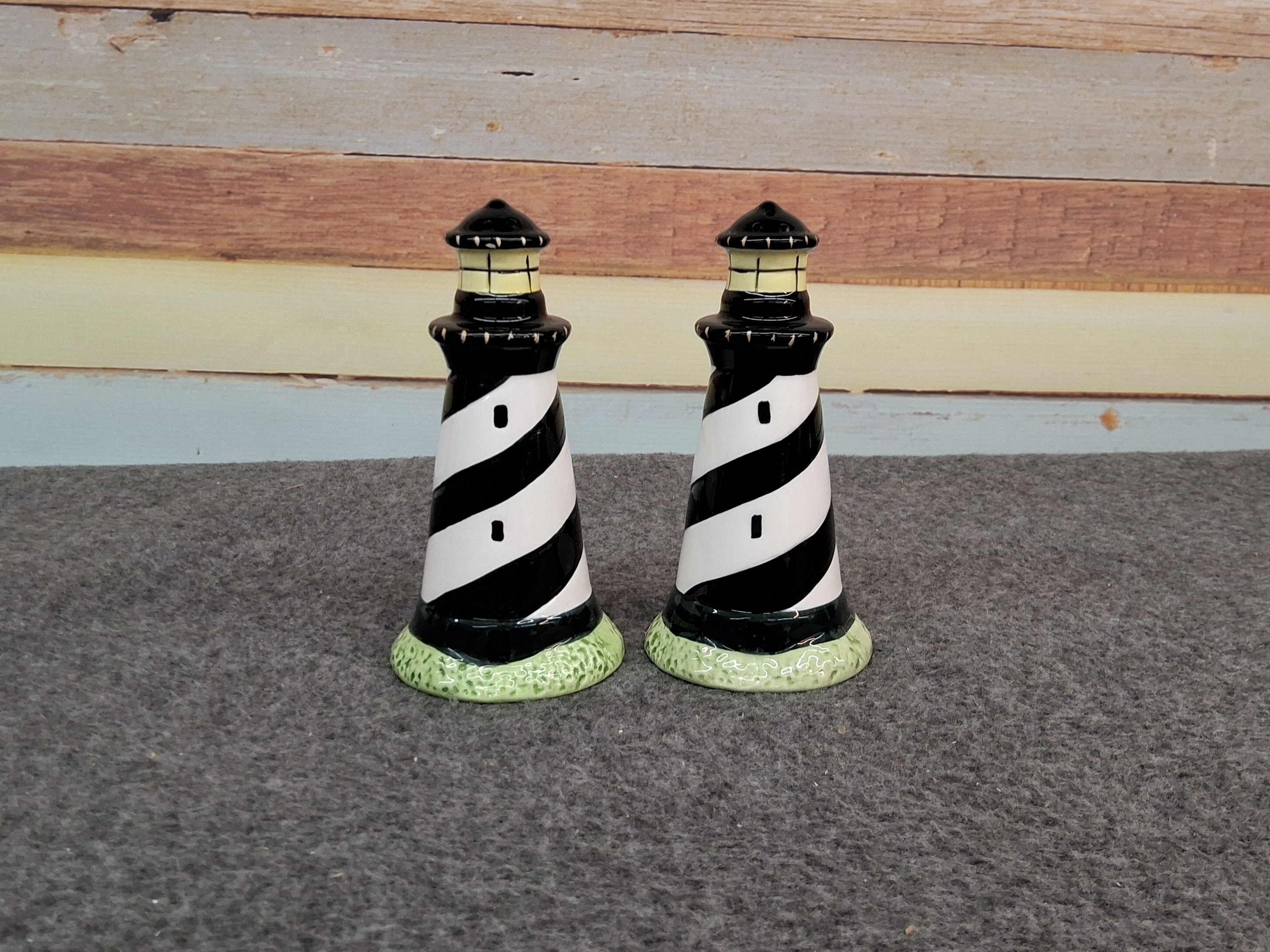Vintage Sakura Lighthouse Salt And Pepper Shakers TALL 5 Inch Black White