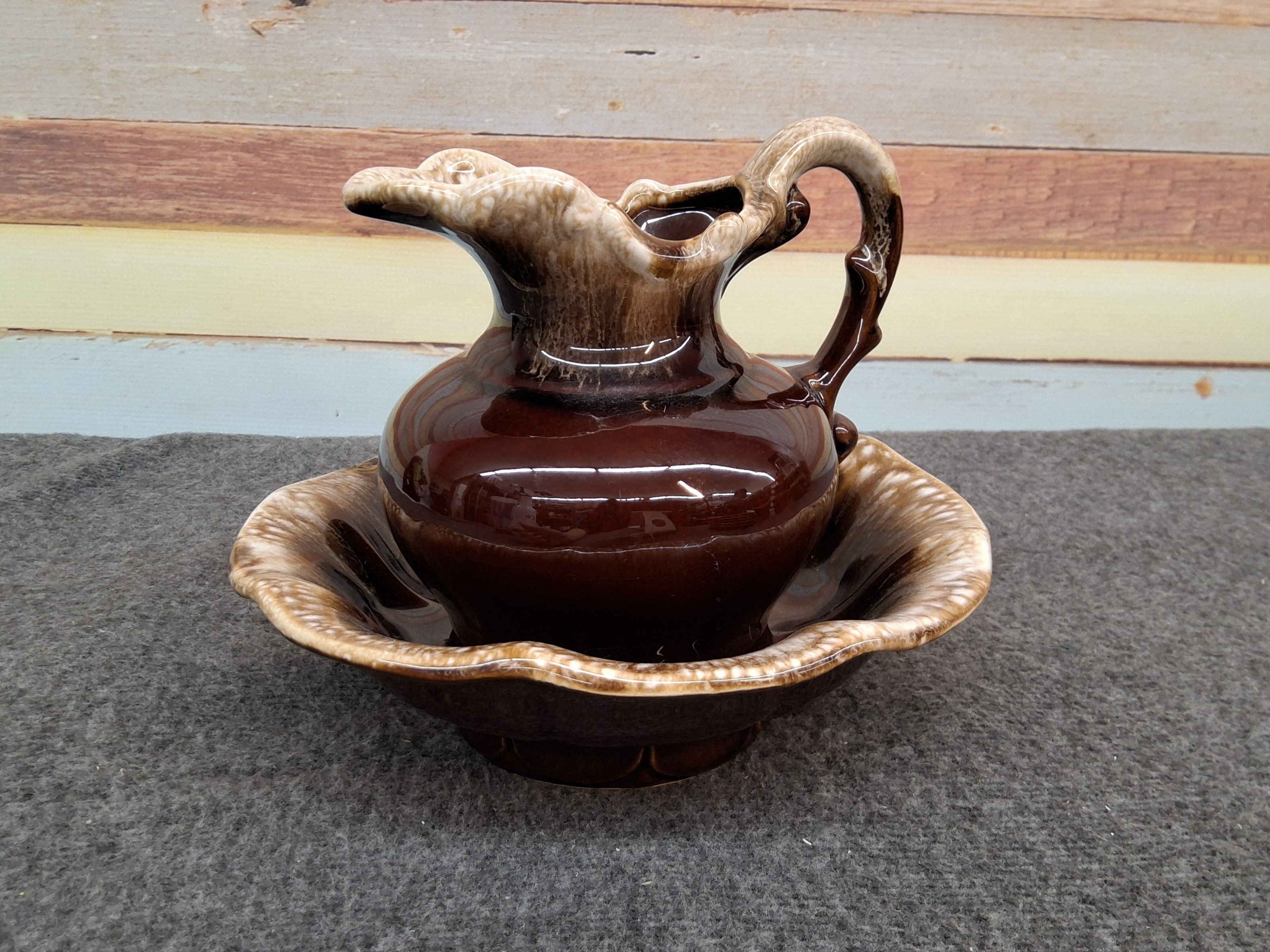 Vintage McCoy Brown Drip Glaze Ware Pottery Pitcher and Bowl Set