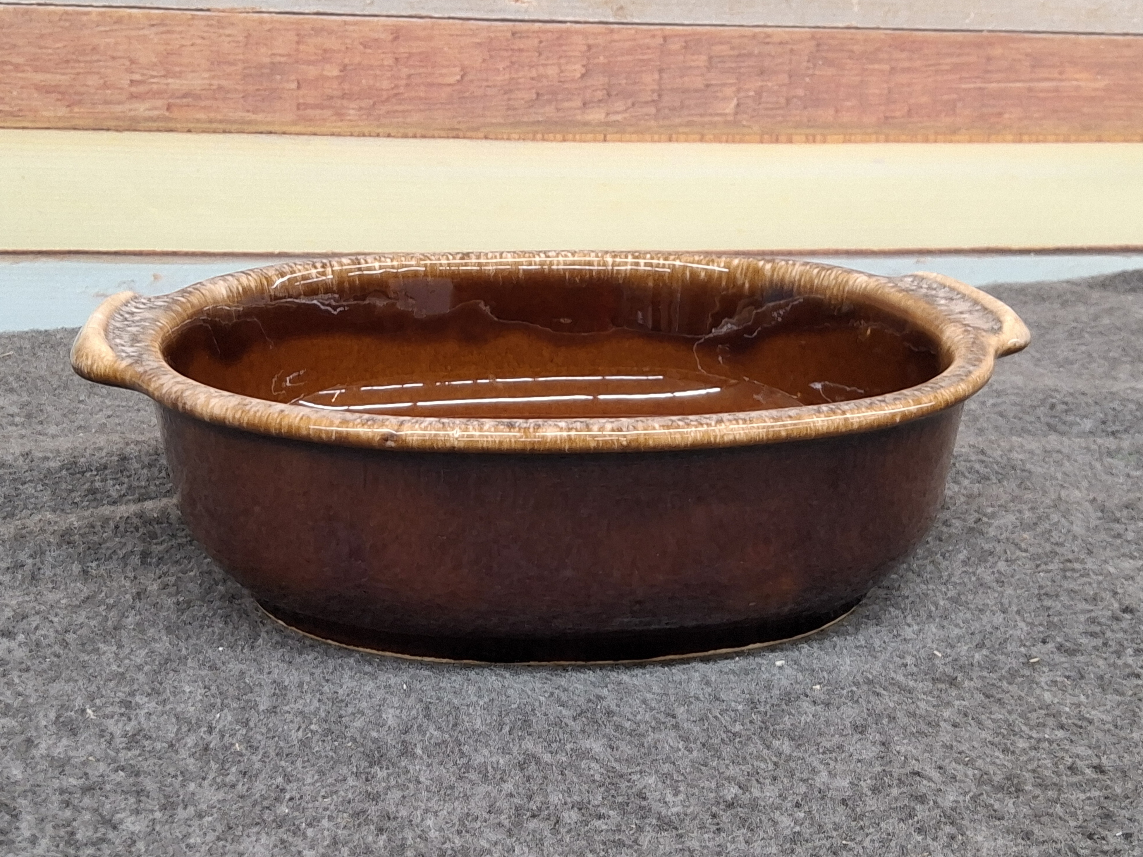 Vintage  Hull Oven Proof USA stoneware baking dish features the Classic Brown Drip