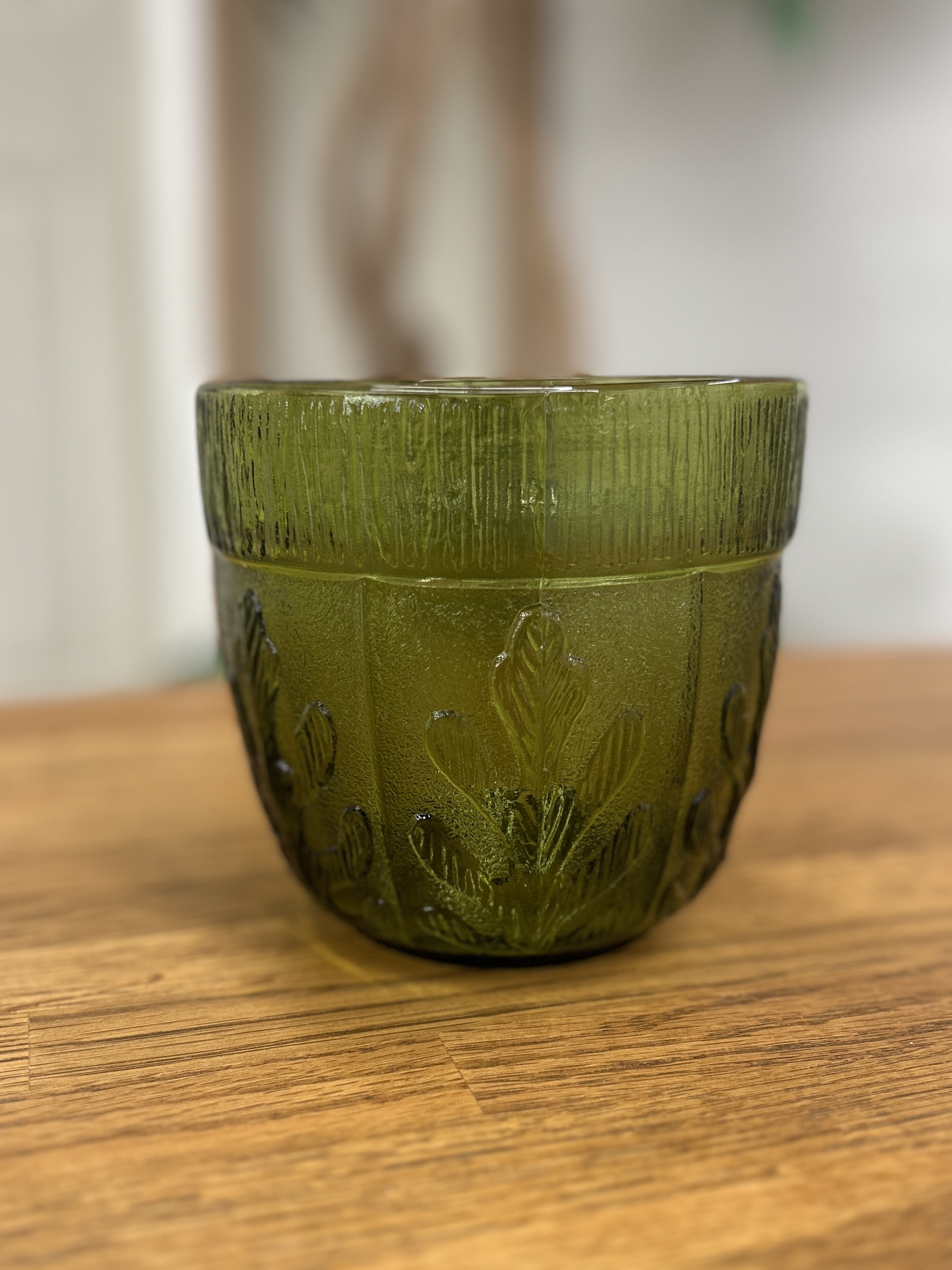 FTD Green Pressed Glass Planter with Leaf Pattern