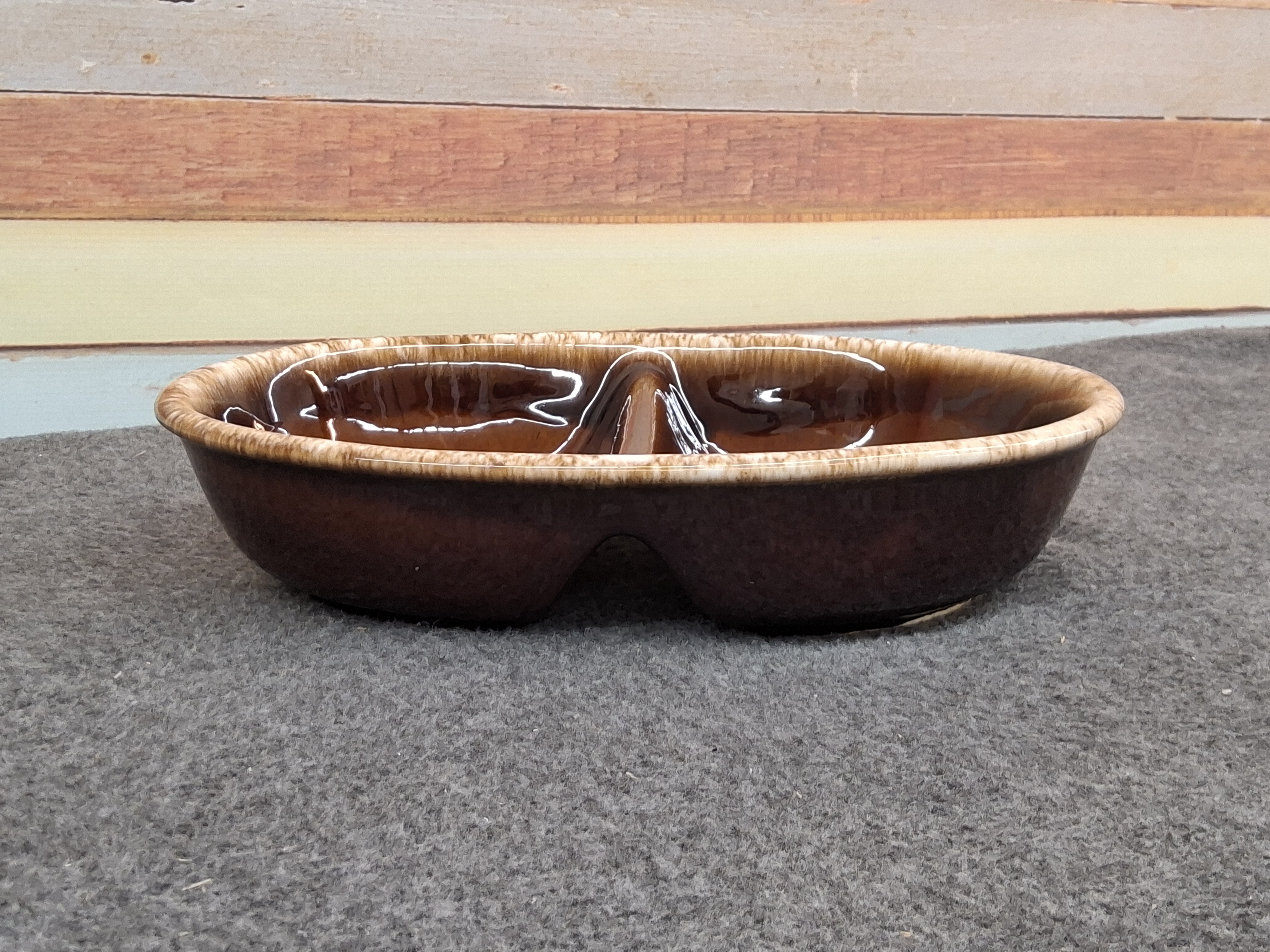 Vintage H.P. Co. USA Brown Drip Glaze Divided Stoneware Serving