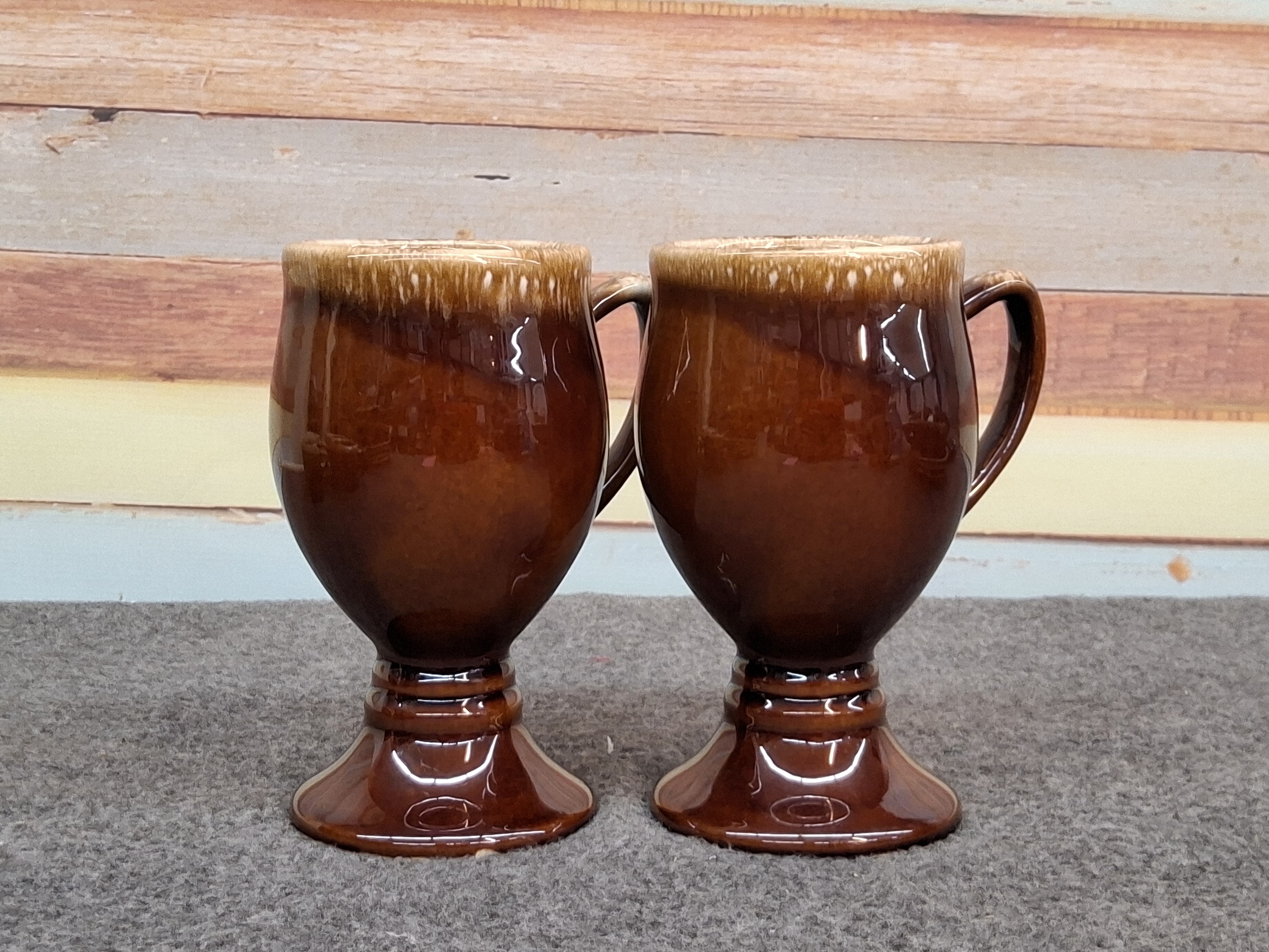 Vintage Hull Pottery Brown Drip Glaze Pedestal Mugs (Set of 2)