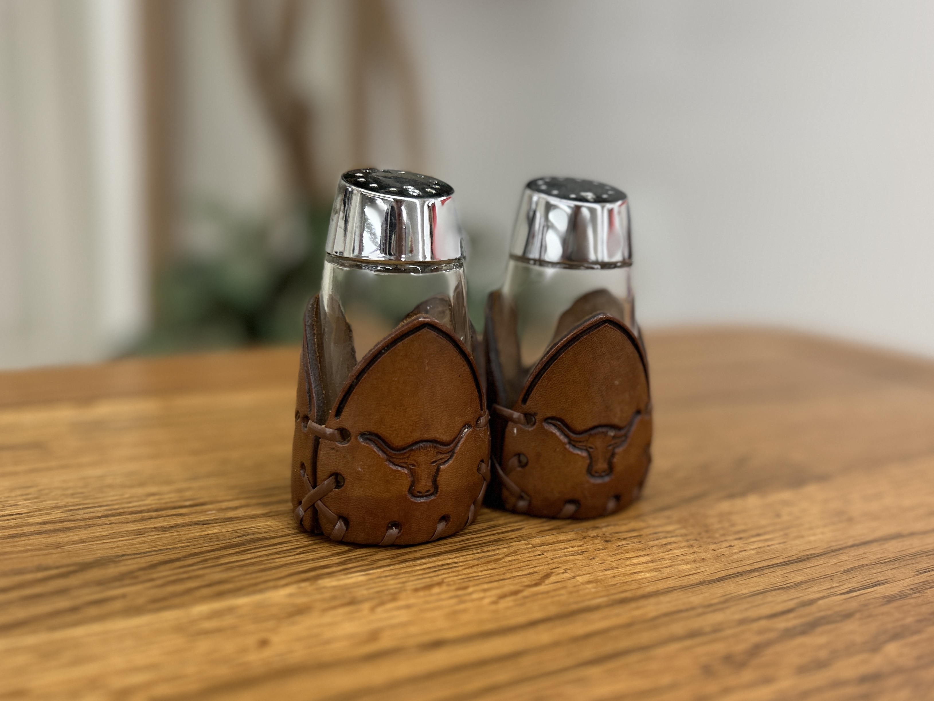 Western Glass Salt & Pepper Shakers with Tooled Leather Covers