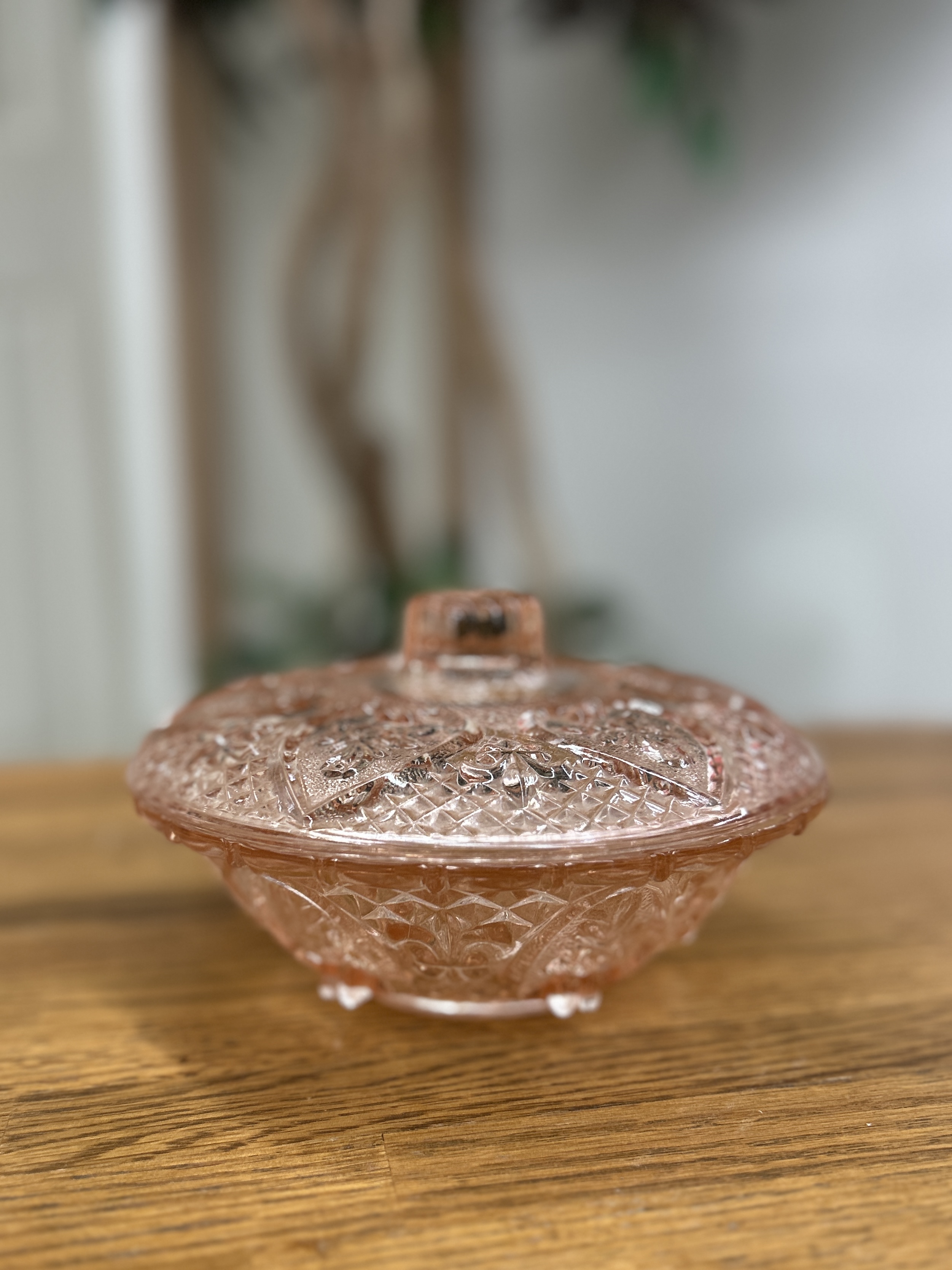 Pink Depression Glass Covered Dish – Floral Heart Pattern