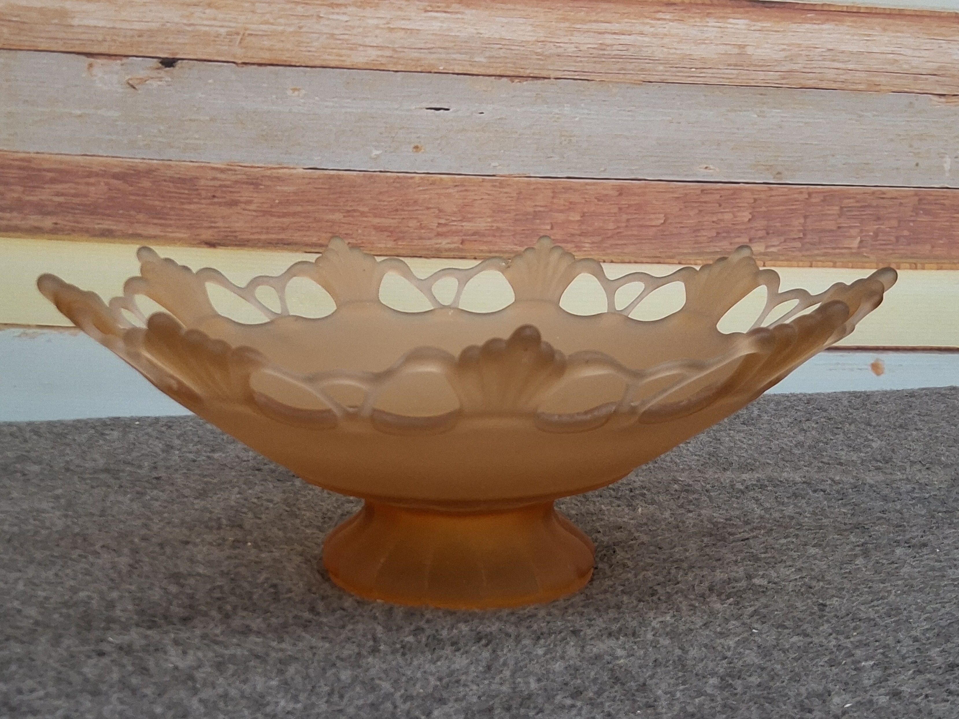 Vintage Amber Frosted Glass Pedestal Bowl with Open Lace Edge