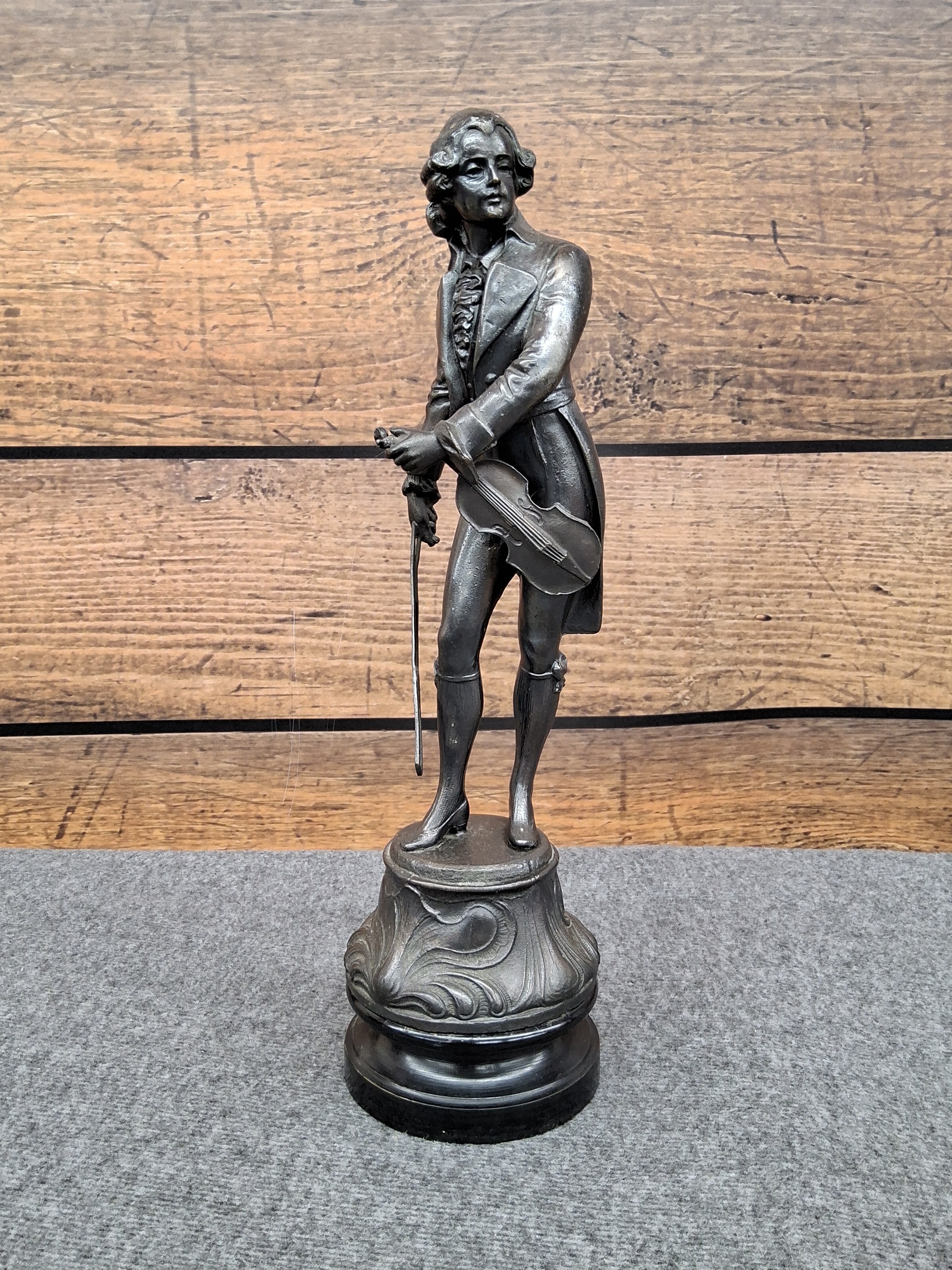 Vintage German Metal Violinist Statue – 15" Tall Musician Figurine with Ornate Base