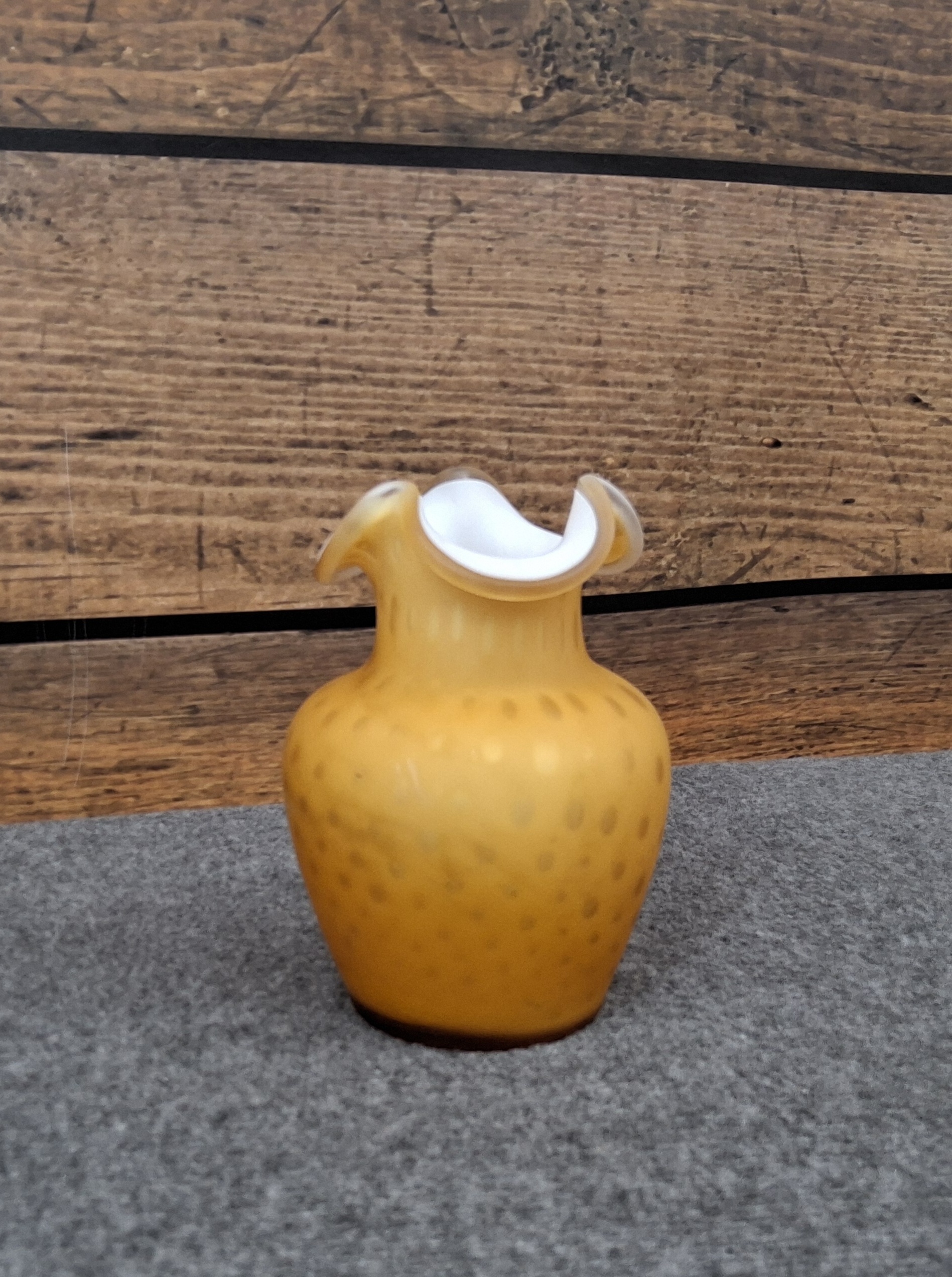 Vintage Amber Satin Glass Ruffled Rim Vase