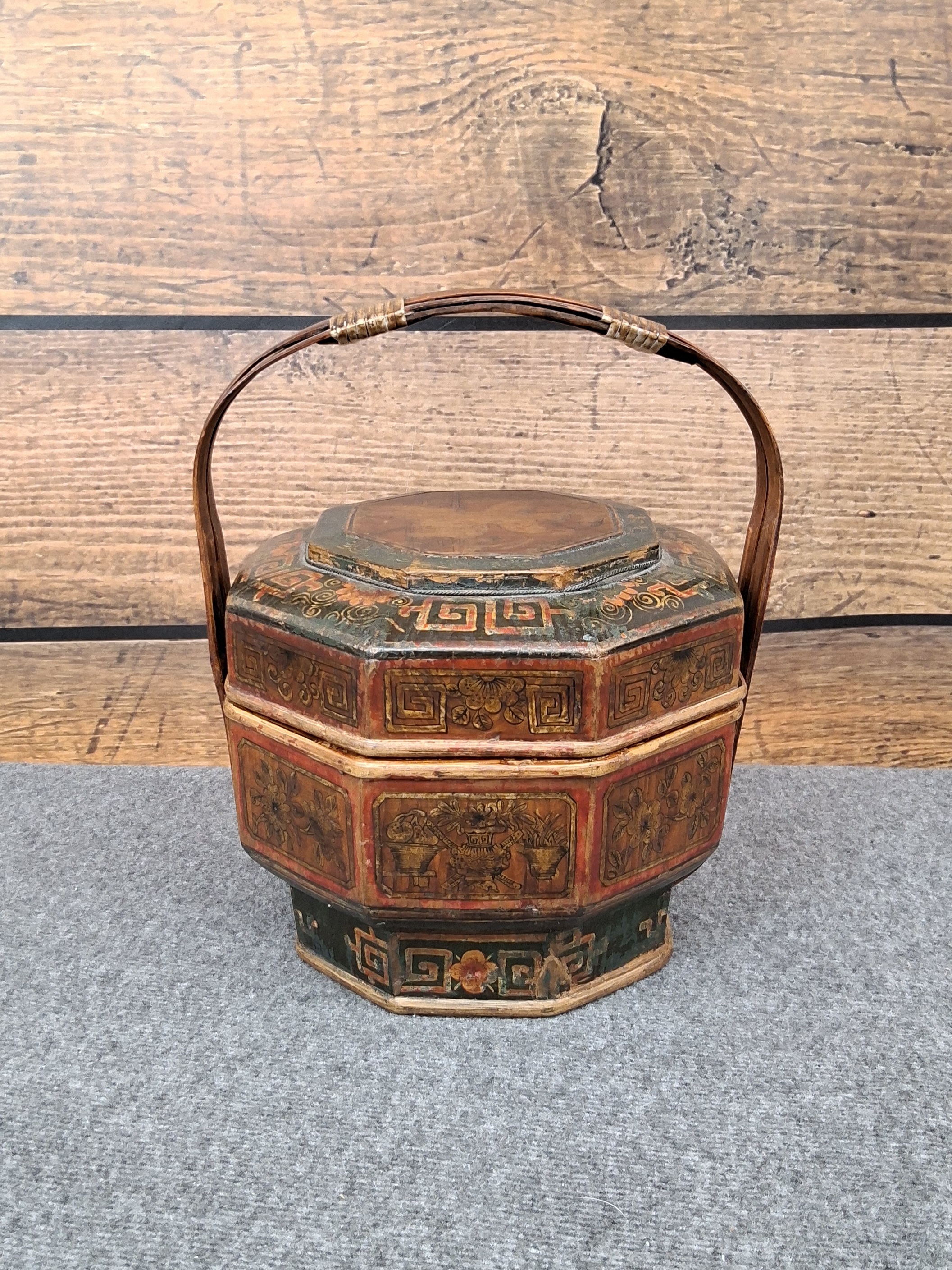 Antique Chinese Hand-Painted Wooden Wedding/Food Carrier Basket