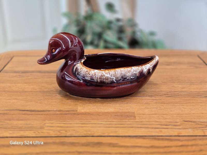 Vintage, Hull, Brown Drip, Ceramic, Duck Planter, 1960s
