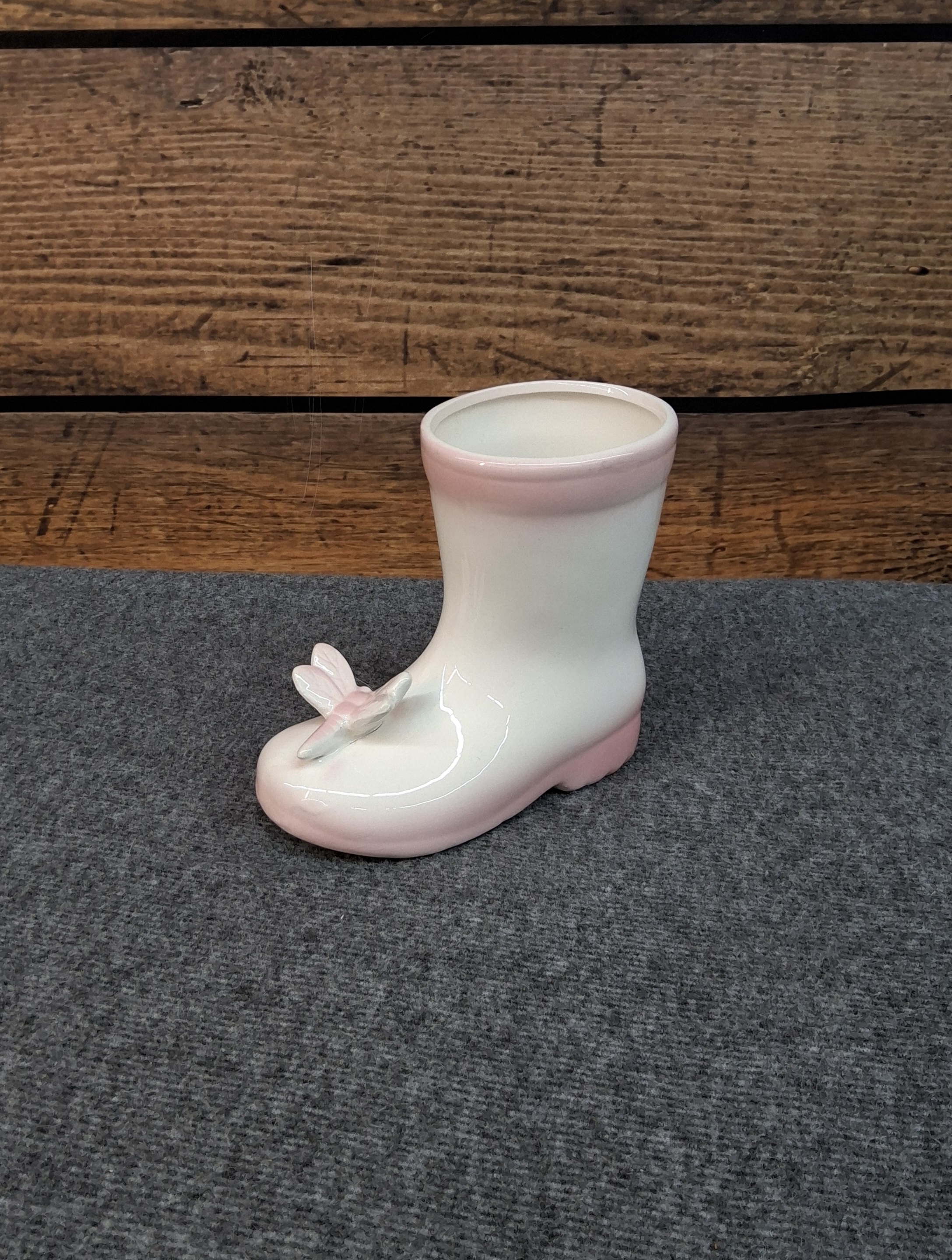 Pink & White Ceramic Rain Boot Planter with Butterfly