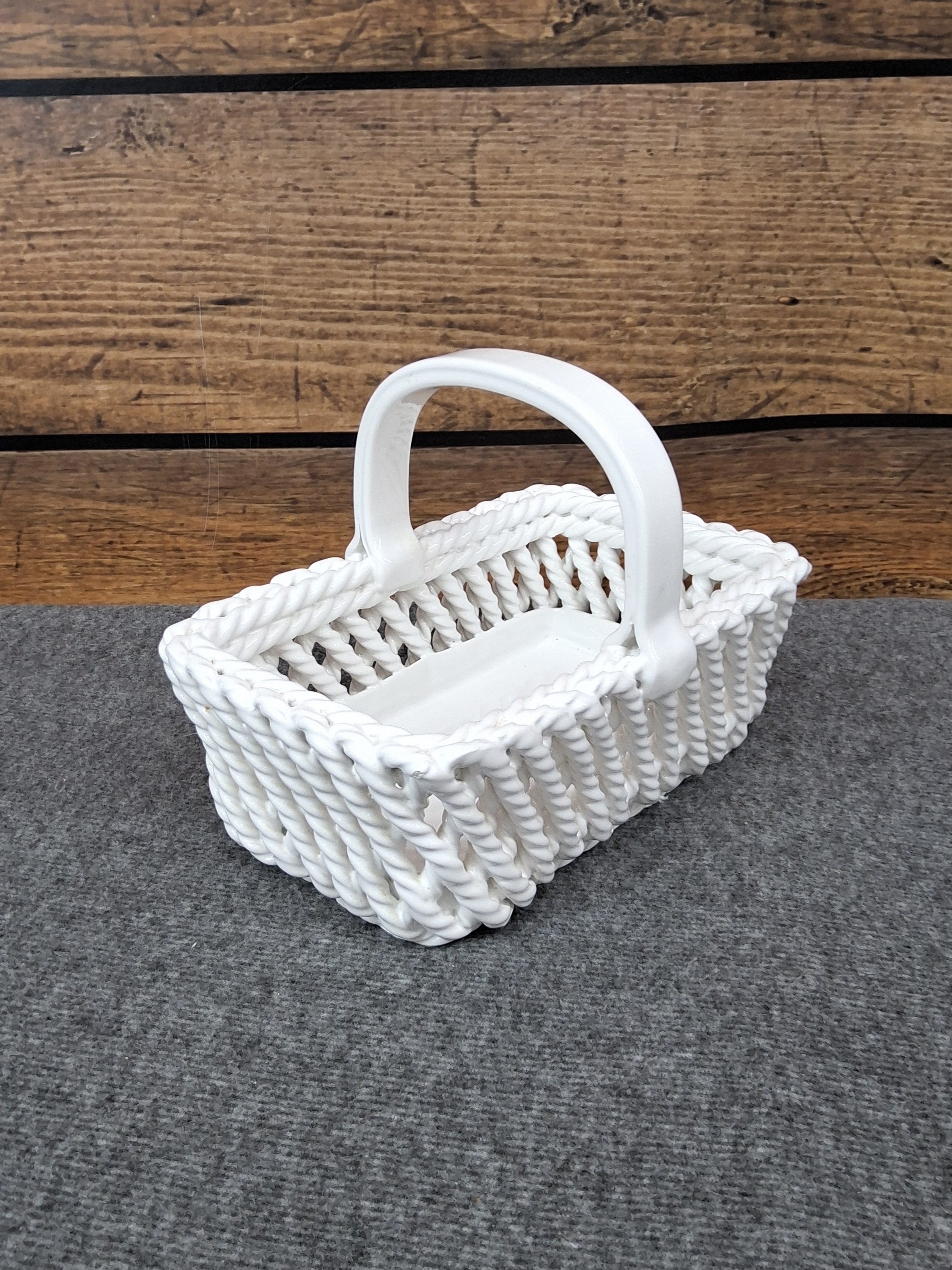 Italian White Ceramic Woven Basket with Handle