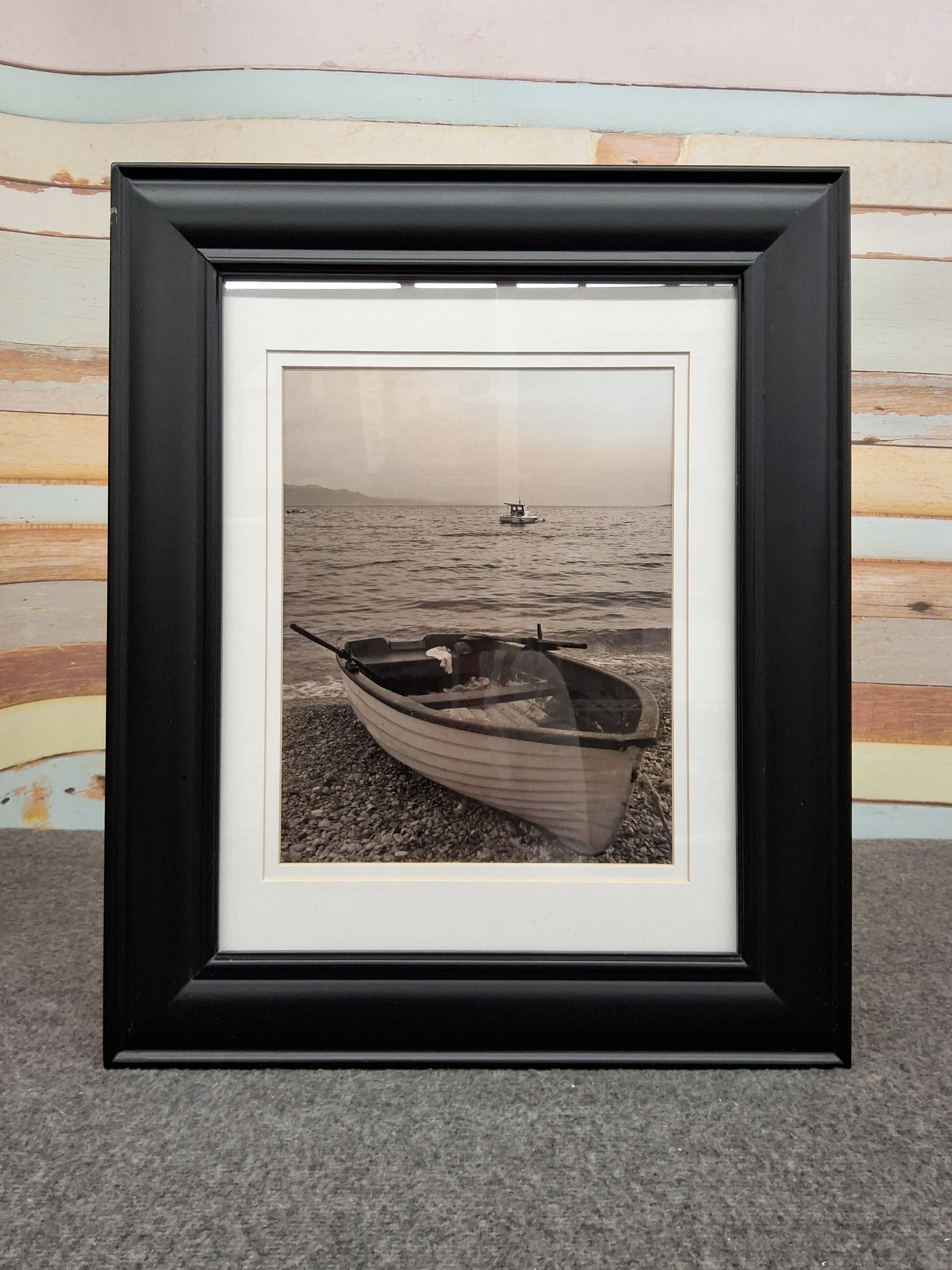 Framed Sepia Rowboat & Seascape Wall Art – Black Frame