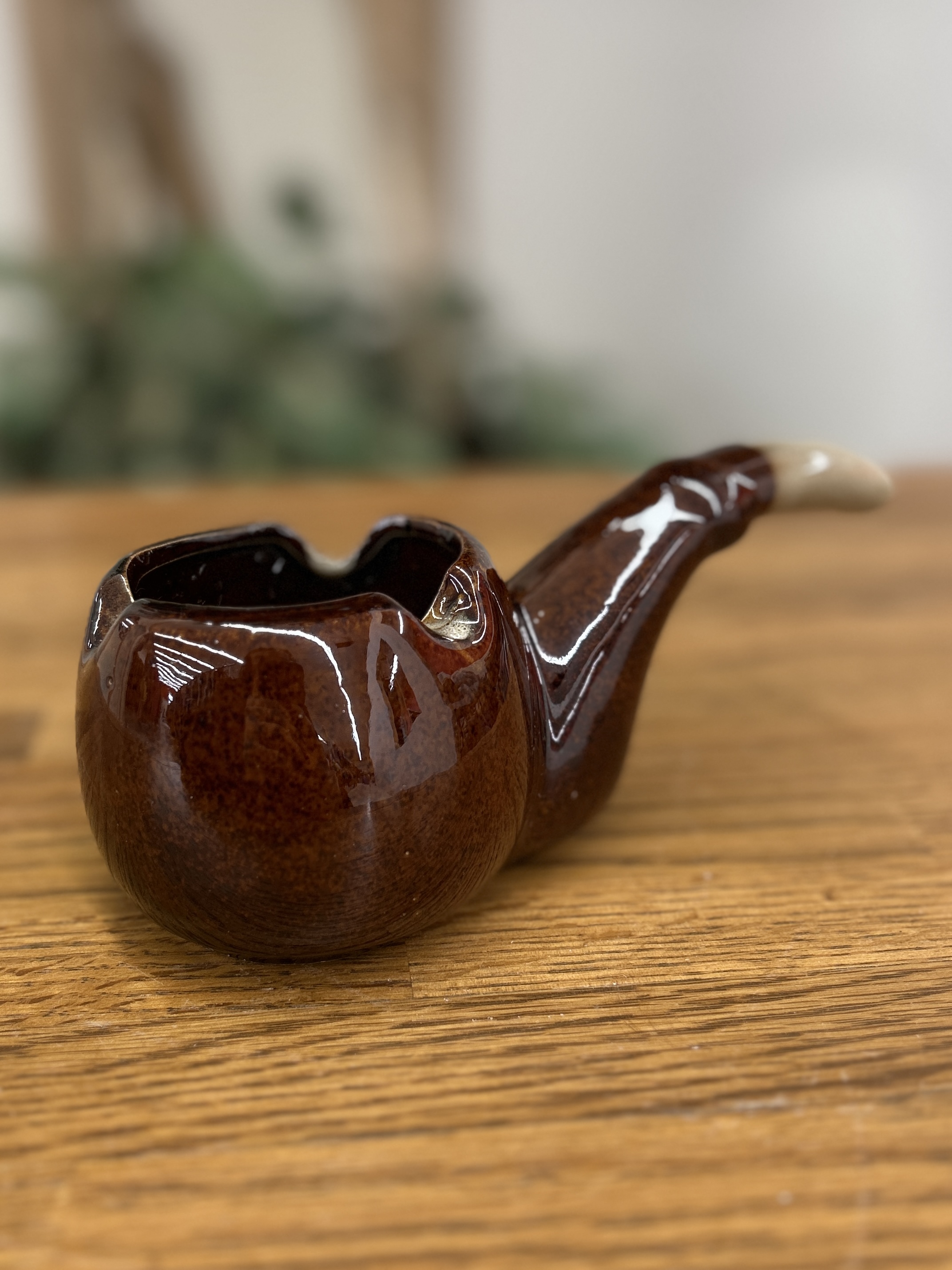 Vintage Brown Ceramic Pipe-Shaped Ashtray