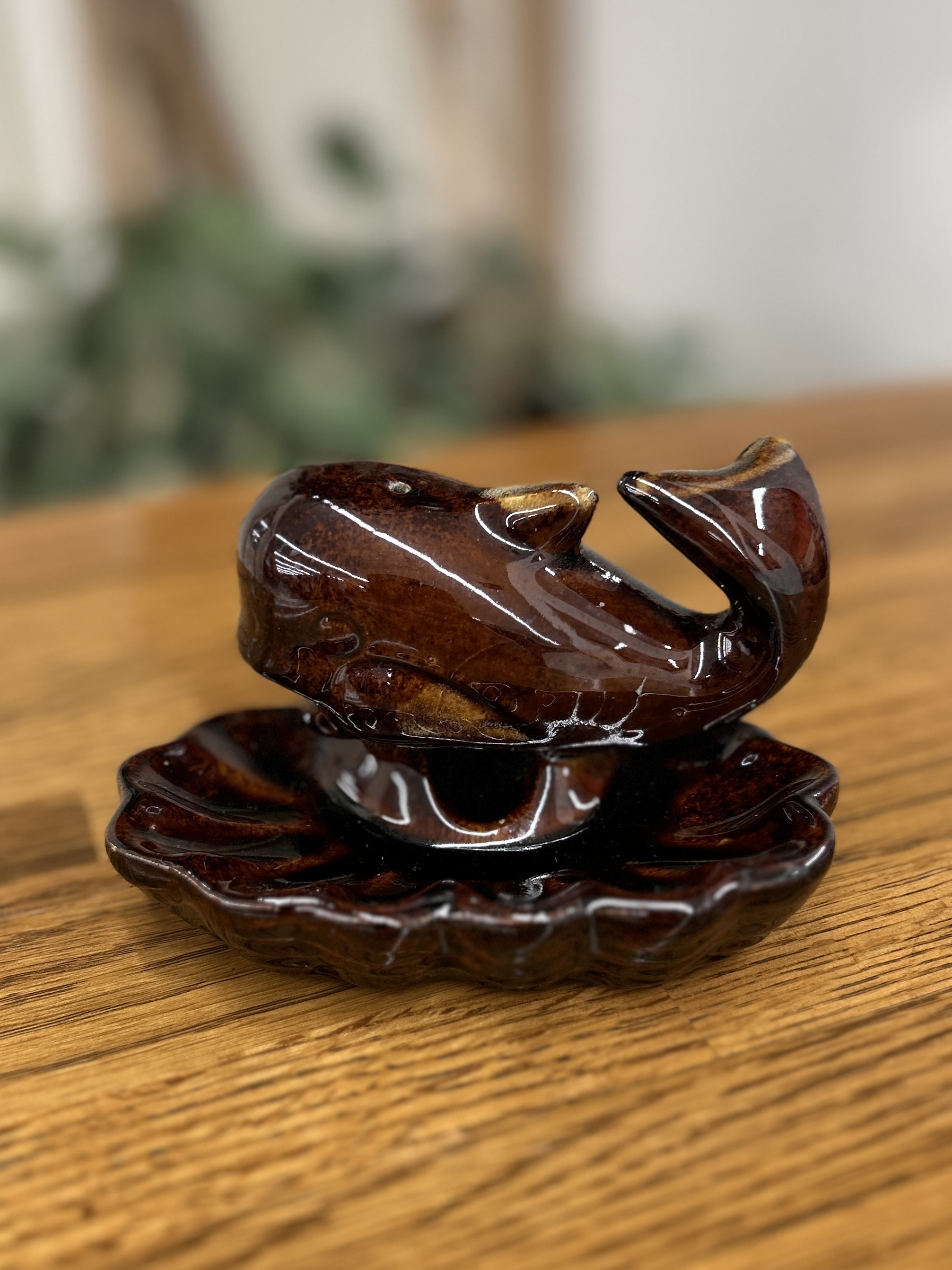 Vintage Brown Ceramic Whale Incense Burner with Shell Dish